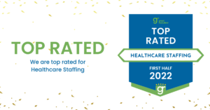 White background with confetti and text stating 'Top Rated Healthcare Staffing for the first half of 2022'.