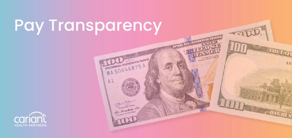 Banner with the text 'Pay Transparency' overlaying a background of $100 bills.