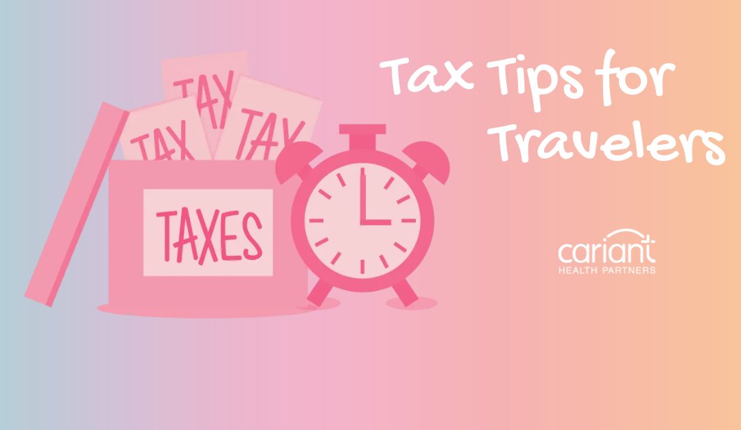 Box with tax forms spilling out, accompanied by a clock, representing 'Tax Tips for Travelers'.