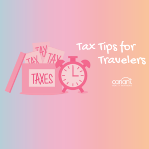 Box with tax forms spilling out, accompanied by a clock, representing 'Tax Tips for Travelers'.