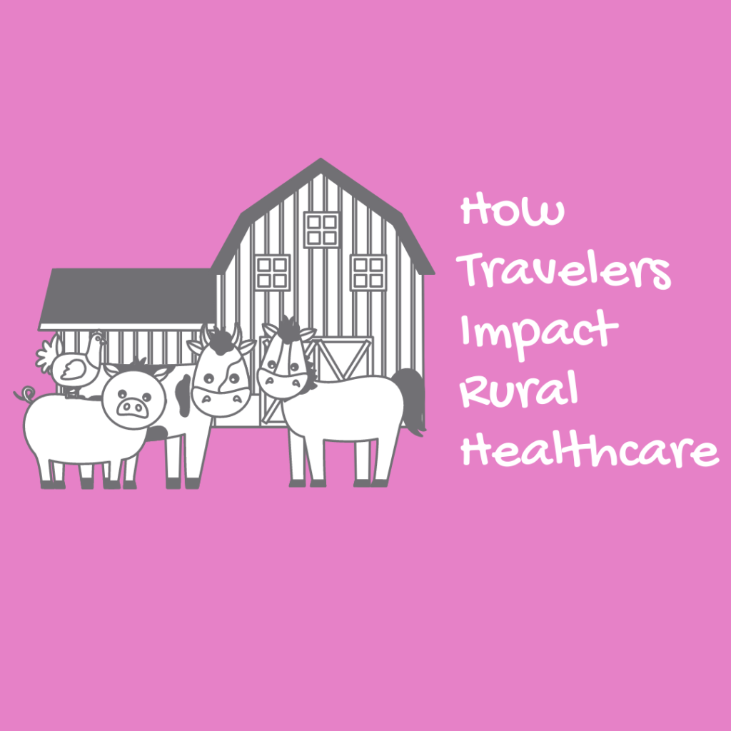 Cartoon animals with a barn in the background and text reading 'How Travelers Impact Rural Healthcare'
