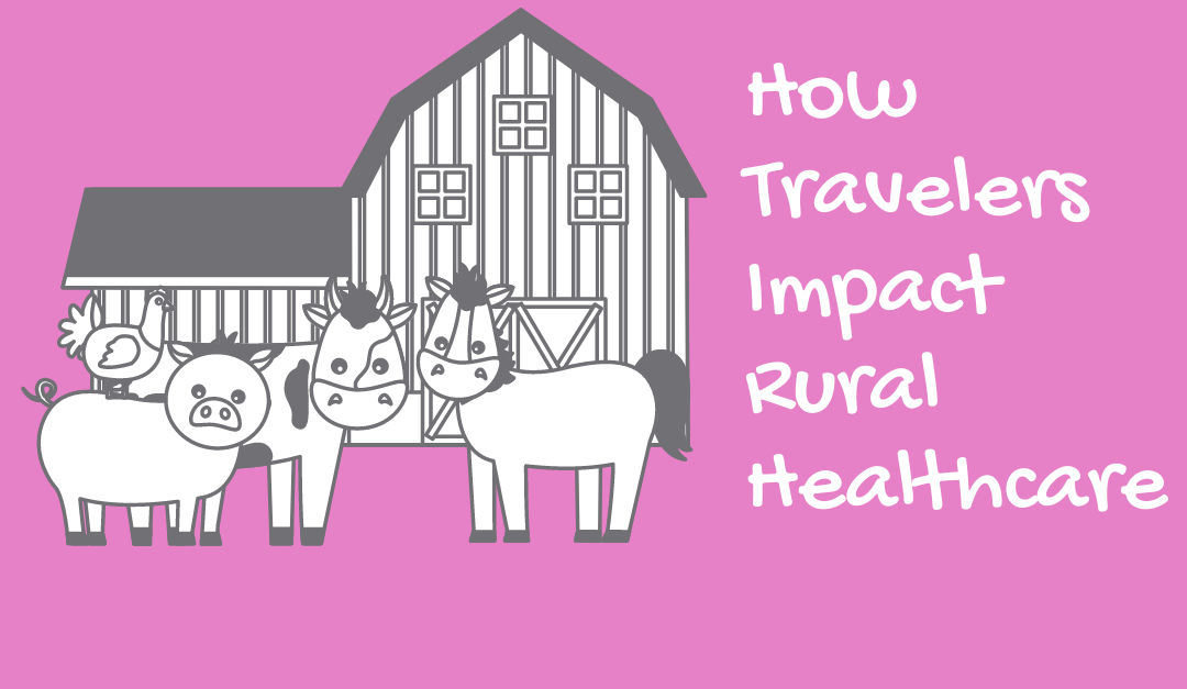 Cartoon animals with a barn in the background and text reading 'How Travelers Impact Rural Healthcare'