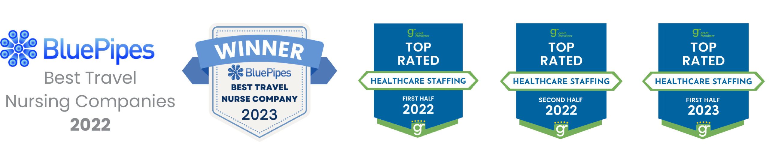 Blue Pipes Best Travel Nursing Companies 2023 award image and Great Recruiters top rated Healthcare Staffing Company award first half 2022 award image